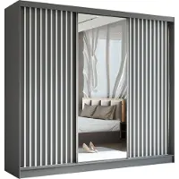MargaretHadas24 Armoire Erika de 240 cm avec lamelles et miroir, 3 portes coulissantes, penderie, livraison à domicile (couleur : gris, gris, lamelles blanches)