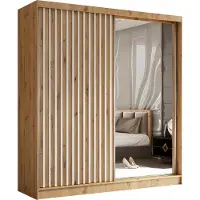 MargaretHadas24 Armoire Erika de 200 cm avec lamelles et miroir, comprenant 2 portes coulissantes Armoire à portes coulissantes (couleur : Artisan, Artisan, lamelles blanches)