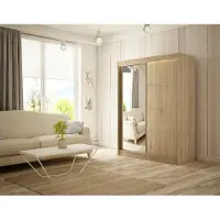 MargaretHadas24 Armoire Padwa 150 cm avec 2 portes coulissantes et miroir, tringle à vêtements, penderie, livraison à domicile (couleur : chêne sonoma)