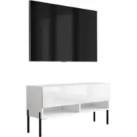 3Xeliving Buffet TV 100 cm blanc mat / blanc brillant, pieds droits noirs, 100 × 32 × 52 cm