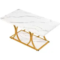 SucceBuy Table basse moderne aspect marbre, table d'appoint rectangulaire à deux niveaux avec cadre métallique solide et pieds géométriques, supporte jusqu'à 95 kg, table de salon élégante en blanc