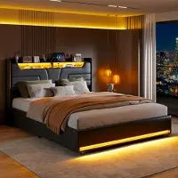 Fortuna Lai Lit rembourré 140x200 cm avec tête de lit LED, espace de rangement, fonction de chargement USB et sommier à lattes - Lit double fonctionnel avec dossier