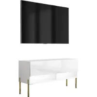 3Xeliving Buffet TV 100 cm blanc mat / blanc brillant, pieds droits dorés, LED blanches, 100 × 32 × 52 cm