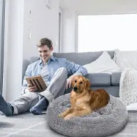 Fiqops Lit pour chien Lits pour chien ANIMALS Lit souple pour chat Couchage pour chien Coussin en peluche gris clair 60cm