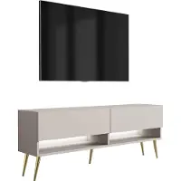 3Xeliving Buffet TV 140 cm Cachemire, pieds inclinés dorés, LED blanche, 140 × 32 × 52 cm