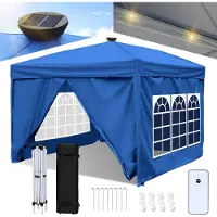Aopunly 3 x 3m Pavillon Pop Up Tente de jardin pliante, Avec lumière LED solaire avec côtés Protection UV 50+ Pavillons Tentes de réception Tente de réception pour camping jardin mariage plage bleu
