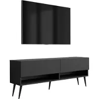 3Xeliving Buffet TV 140 cm noir mat, pieds noirs inclinés, 140 × 32 × 52 cm