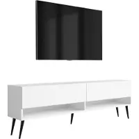 3Xeliving Buffet TV 170 cm blanc mat, pieds noirs inclinés, 170 × 32 × 52 cm