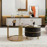 Fortuna lot de 2 tables basses, 70 x 50 cm + 50 x 40 cm - avec plateau en verre marron, 2 tiroirs, design moderne - Noir