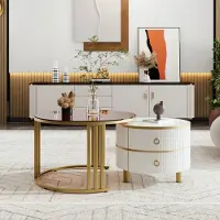 Fortuna Lai Ensemble de tables basses 2 en 1 en bois avec tiroirs et cadre métallique, table de salon, table de salon brillante, table d'appoint avec plateau de table en verre,Blanc