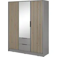 Bettso Elégante armoire à trois portes avec 2 tiroirs pour chambre à coucher Nelly 3D avec miroir et façades en lamelles de chêne Artisan / Gris