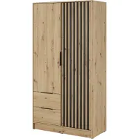 Bettso Armoire élégante avec portes battantes 2 tiroirs pour chambre à coucher Nelly 2D Sans miroir et façades à lamelles noires / Chêne Artisan