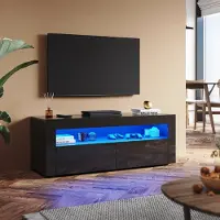 Sonni Lowboard Armoires TV Noir brillant avec éclairage LED, 12 couleurs de LED, avec 2 portes abattantes, design sans poignées 180 x 40 x 45cm