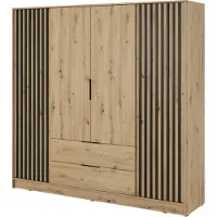 Minio , Armoire, Armoire à portes battantes, "NELLY", 4 portes, 206cm, Chêne Artisan / Couleur noir