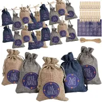 TolleTour 24 calendriers de l'Avent à remplir, calendriers de l'Avent sacs en tissu avec 1-24 sacs en toile de jute,bleu / blanc / gris