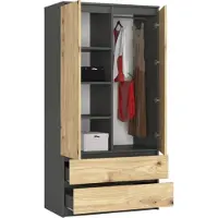 BDW , Armoire 2 portes, 2 tiroirs, 180x90x51 cm, Gris / Chêne Artisan