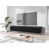 Minio , armoire TV, buffet TV Donna 180 cm, debout, suspendu, façade MDF avec motif Herringbone, LED, couleur noir graphite