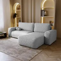 Besilio Canapé d'angle droit convertible Ornello L - coussins ronds, fonction sommeil, chaise longue Boucle - gris clair