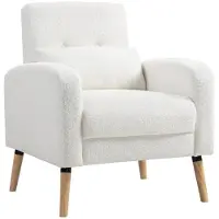Fortuna Lai Fauteuil lounge Fauteuil avec coussin lombaire, rembourré Fauteuil rembourré avec pieds en bois, tissu polaire, fauteuil relax Fauteuil individuel pour salon, chambre à coucher, blanc