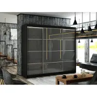 MargaretHadas24 Armoire Porto III 250 cm avec 3 portes coulissantes Livraison à domicile Tringle à vêtements Penderie Armoire (couleur : noir, lacobel gris, barreaux)