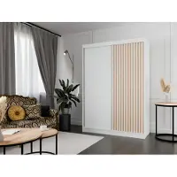 MargaretHadas24 Armoire Lili à lamelles 150 cm avec 2 portes coulissantes Armoire à portes coulissantes Tringle à vêtements Penderie Armoire Livraison à domicile (Couleur : blanc, blanc, lamelles wotan)