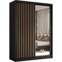 MargaretHadas24 Armoire Erika de 160 cm avec lamelles et miroir, comprenant 2 portes coulissantes, penderie, tringle à vêtements, livraison à domicile (couleur : noir, noir, lamelles Artisan)