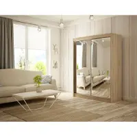 MargaretHadas24 Armoire Elsa 150 cm avec 2 portes coulissantes et miroir, tringle à vêtements, penderie, armoire, livraison à domicile (couleur : chêne sonoma)