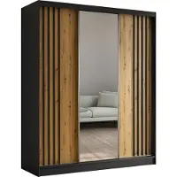 MargaretHadas24 Armoire Neli de 180 cm avec lamelles et miroir, 3 portes coulissantes incluses Armoire à portes coulissantes (couleur : noir, Artisan, lamelles noires)