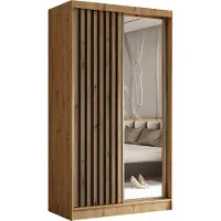 MargaretHadas24 Armoire Erika de 120 cm avec lamelles et miroir, comprenant 2 portes coulissantes, penderie, tringle à vêtements, livraison à domicile (couleur : Artisan, Artisan, lamelles noires)