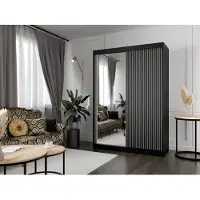 MargaretHadas24 Armoire Lili à lamelles 200 cm avec 2 portes coulissantes Armoire à portes coulissantes Tringle à vêtements Penderie Armoire Livraison à domicile (couleur : noir, blanc, lamelles noires, miroir)
