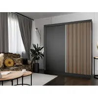 MargaretHadas24 Armoire Lili à lamelles 200 cm avec 2 portes coulissantes Armoire à portes coulissantes Tringle à vêtements Penderie Armoire Livraison à domicile (couleur : noir, noir, lamelles wotan)