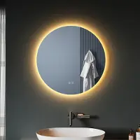 Sonni Miroir de salle de bain rond Ø 60 cm avec éclairage LED tricolore avec fonction antibuée Double interrupteur tactile Miroir rond