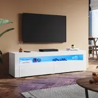 Sonni Lowboard Armoires TV Blanc brillant avec éclairage LED, 12 couleurs de LED, avec 2 portes abattantes, design sans poignées 160 x 40 x 45cm