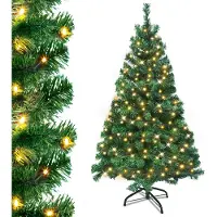 UISEBRT Arbre de Noël artificiel avec éclairage 180cm LED Arbres de Noël Sapin de décoration avec guirlande lumineuse et support Vert PVC