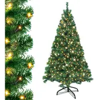 UISEBRT Arbre de Noël artificiel avec éclairage 210cm LED Sapin de Noël Arbre de décoration avec guirlande lumineuse et support Vert PVC