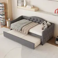 Flieks Canapé-lit Lit rembourré 90x200cm avec sommier, Lit pour adolescents Lit simple Lit de jour avec sommier à lattes, Lit classique Canapé, Lin, Gris