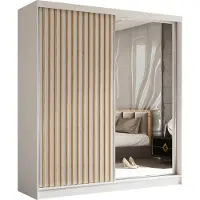 MargaretHadas24 Armoire Erika de 200 cm avec lamelles et miroir, 2 portes coulissantes incluses Armoire à portes coulissantes (couleur : blanc, blanc, lamelles Artisan)