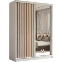 MargaretHadas24 Armoire Erika de 160 cm avec lamelles et miroir, comprenant 2 portes coulissantes, penderie, tringle à vêtements, livraison à domicile (couleur : blanc, blanc, lamelles Artisan)