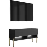 3Xeliving Meuble TV bas de 100 cm, finition noire mate, pieds dorés droits, éclairage LED blanc