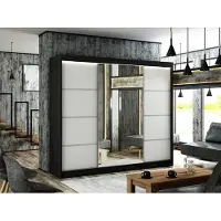 MargaretHadas24 Armoire Padwa 250 cm avec 3 portes coulissantes et miroir, tringle à vêtements, penderie, livraison à domicile (couleur : façade noire et blanche)