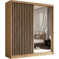 MargaretHadas24 Armoire Erika de 200 cm avec lamelles et miroir, comprenant 2 portes coulissantes Armoire à portes coulissantes (couleur : Artisan, Artisan, lamelles noires)