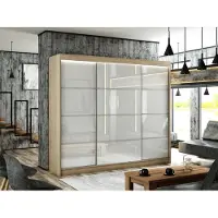 MargaretHadas24 Armoire Porto III 250 cm avec 3 portes coulissantes Livraison à domicile Tringle à vêtements Penderie Armoire (Couleur : chêne sonoma, lacobel blanc, barreaux)