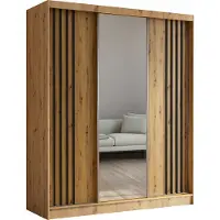 MargaretHadas24 Armoire Neli de 180 cm avec lamelles et miroir, 3 portes coulissantes Armoire à portes coulissantes (couleur : Artisan, Artisan, lamelles noires)