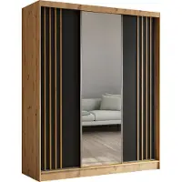 MargaretHadas24 Armoire Neli de 180 cm avec lamelles et miroir, 3 portes coulissantes incluses Armoire à portes coulissantes (couleur : Artisan, noir, lamelles Artisan)
