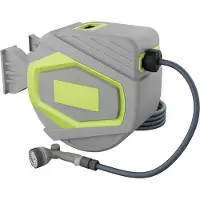UISEBRT Enrouleur de tuyau 30 m avec douchette à main 10 fonctions, gris-jaune, enroulement automatique, support mural 180°, kit complet pour jardin, balcon et terrasse