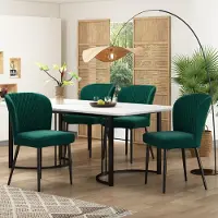 UnboxG Set Cuisine/Salle à Manger : Table Moderne (140×80×75cm, MDF Blanc, Pieds Noir) + 4 Chaises Velours Vert Foncé (Dos, Polster, Design)