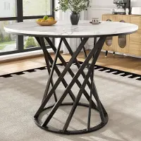 OKWISH Table À Manger - Ronde Avec Plateau Marbré, MDF Et Piètement Métal Doré, Pour Cuisine Et Salle À Manger, 80 x 80 x H 76 cm - Blanc Et Noir