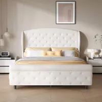 UnboxG Lit rembourré 140 x 200 cm, velours beige, motif traîneau, boutons décoratifs à la tête et au pied du lit, lit européen classique pour chambre à coucher