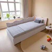 UnboxG Lit rembourré 90×200 cm en beige, tissu velours - Canapé enfant et canapé-lit avec éclairage LED, espace de rangement et vérin à gaz