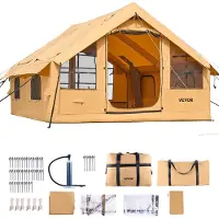 Zerbaco Tente gonflable pour le camping, 5-8 personnes Tente avec pompe à main, 4x3x2,2 m Tente glamping avec 2 lucarnes, baldaquin, raccordement au four, 2 portes, fenêtres en filet & sac de rangement